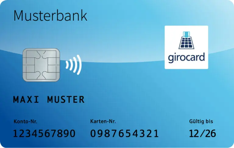 Bild einer Muster-Girokarte der Musterbank mit Angaben zu Kontonummer, Kartennummer und Gültigkeitsdatum, ideal für die Veranschaulichung von Bankkarten und Zahlungsdiensten.