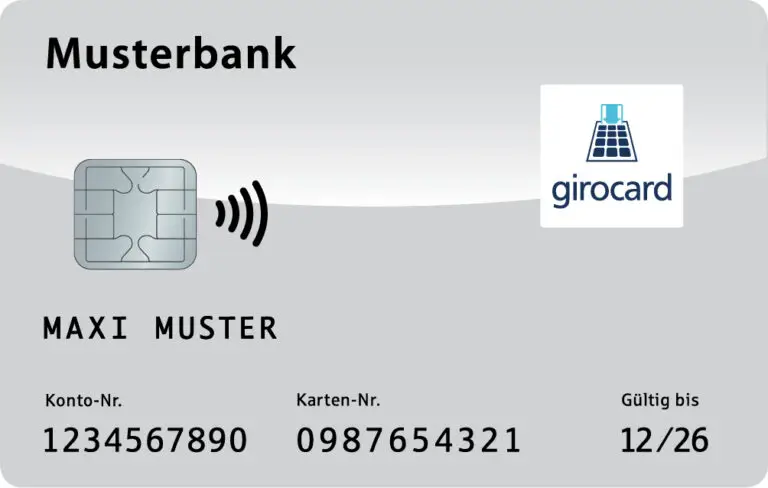 Bild einer Muster-Girokarte mit Chip, kontaktloser Zahlungsfunktion, Kontonummer, Karten-Nummer, Name des Karteninhabers und Gültigkeitsdatum bis Dezember 2026.