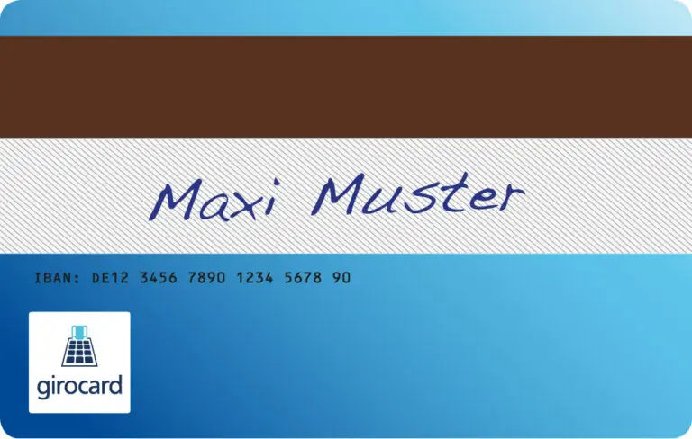Girocard mit dem Namen Maxi Muster und einer IBAN-Nummer, die für bargeldlose Zahlungen in Deutschland verwendet wird. Das Design zeigt eine blaue Farbgebung und das Girocard-Logo.