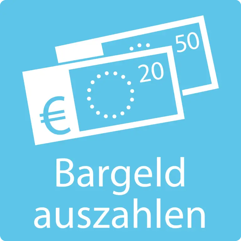 Symbol für Bargeldauszahlung mit Euro-Scheinen in den Stückelungen 20 und 50 auf blauem Hintergrund.