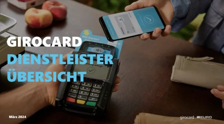 Girocard Dienstleister Übersicht für kontaktloses Bezahlen im März 2024, mit Fokus auf die Nutzung von Smartphones und Kartenzahlungen an einem Zahlungsterminal.