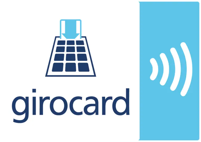 Logo der girocard mit einem Symbol für kontaktloses Bezahlen. Das Design zeigt eine stilisierte Karte mit einem Richtungspfeil und Wellenlinien, die die kontaktlose Zahlungsfunktion darstellen. Ideal für Informationen zu modernen Zahlungsmethoden in Deutschland.