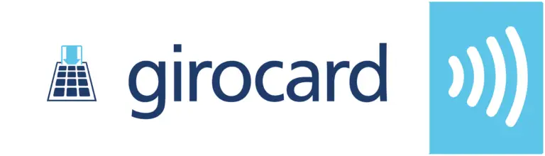 Logo der girocard mit einem Symbol für kontaktloses Bezahlen auf blauem Hintergrund, geeignet für die Darstellung von modernen Zahlungsmethoden in Deutschland.