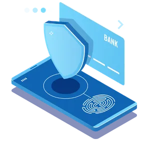 Sichere Online-Banking-Transaktionen mit einem Smartphone, das eine Kreditkarte und ein Schutzsymbol zeigt, sowie einem Fingerabdruckscanner zur Authentifizierung.