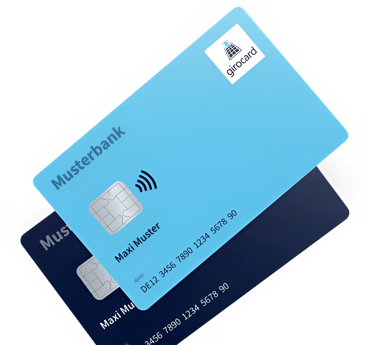 Zwei Bankkarten im Fokus, eine hellblaue Girokarte der Musterbank mit kontaktloser Zahlungsfunktion und eine dunkle Karte im Hintergrund. Beide Karten zeigen den Namen des Karteninhabers und die IBAN-Nummer.