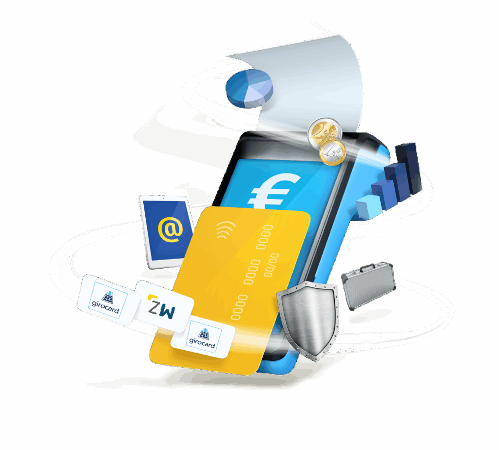 Grafische Darstellung eines Smartphones mit Zahlungssymbolen, Eurozeichen, einer Kreditkarte, Sicherheits-Icons und Finanzgrafiken, die moderne digitale Zahlungsmethoden und Sicherheit im Online-Banking verdeutlichen.