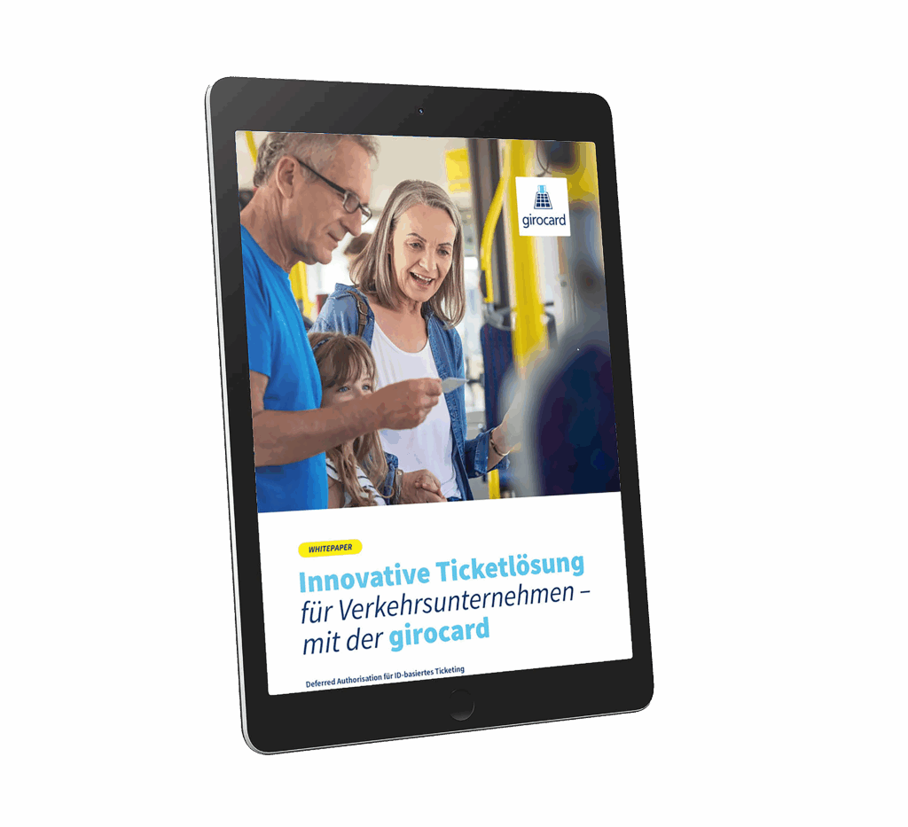 Tablet mit dem Cover eines Whitepapers über innovative Ticketlösungen für Verkehrsunternehmen, präsentiert von girocard, zeigt eine Gruppe von Menschen, die interessiert auf den Inhalt schauen.